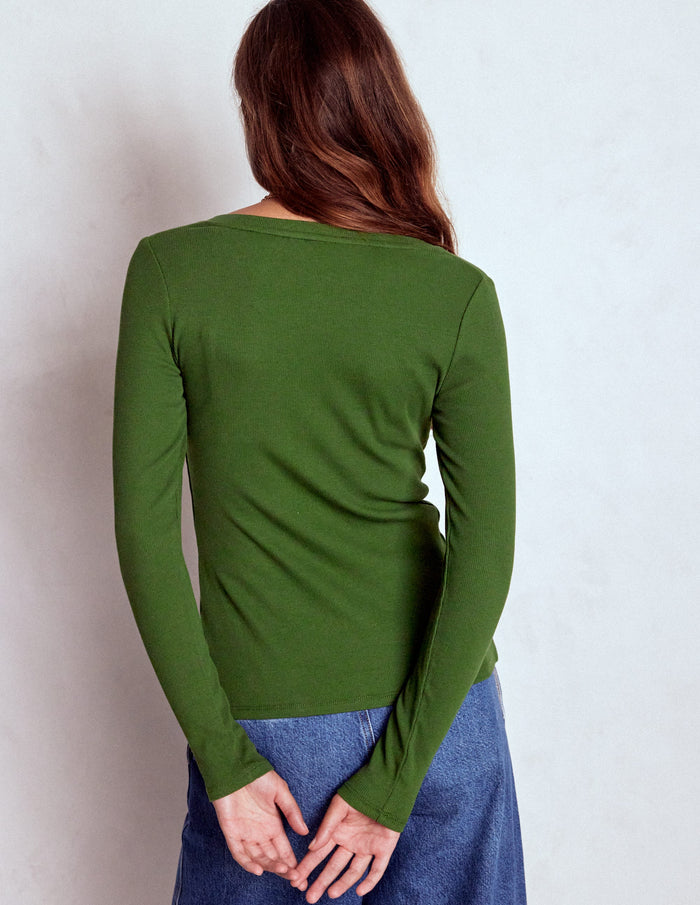 Evie Button Through Ribbed Top Green Fir
