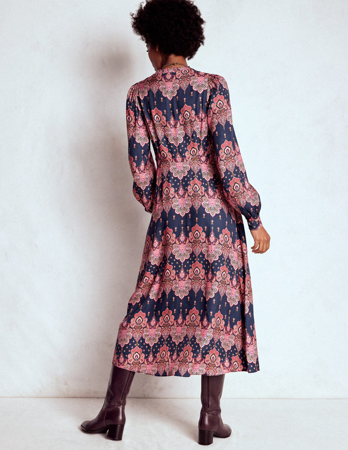 Cassie Smocked Tea Dress Navy, Embellished Paisley