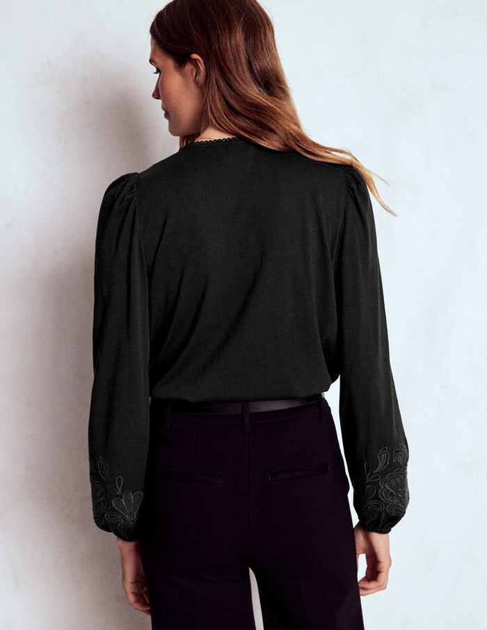 Cutwork Detail Jersey Top Black