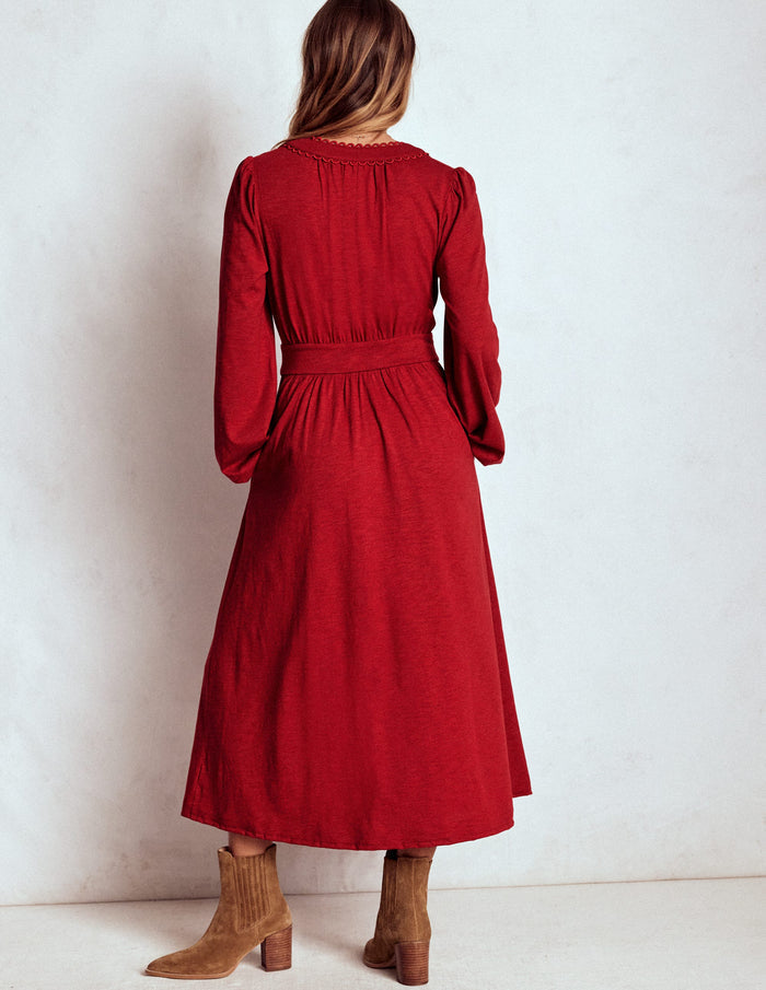 Maddie Picot Trim Midi Dress Carmine Red