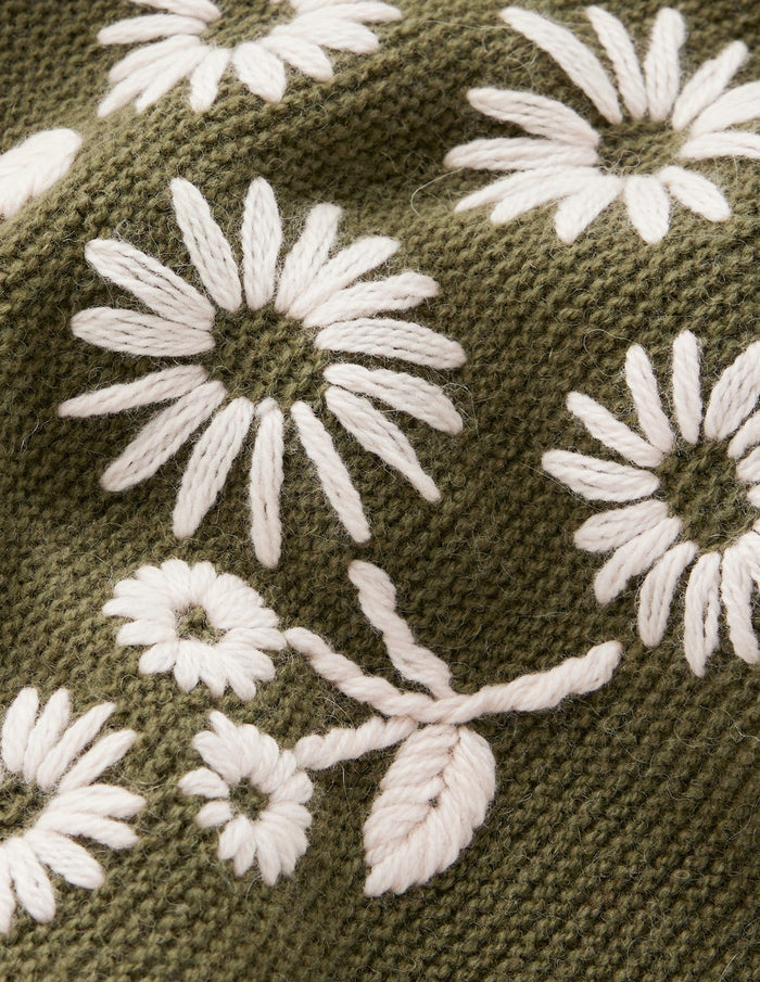 Embroidered Frill Sweater Woodland Green Melange