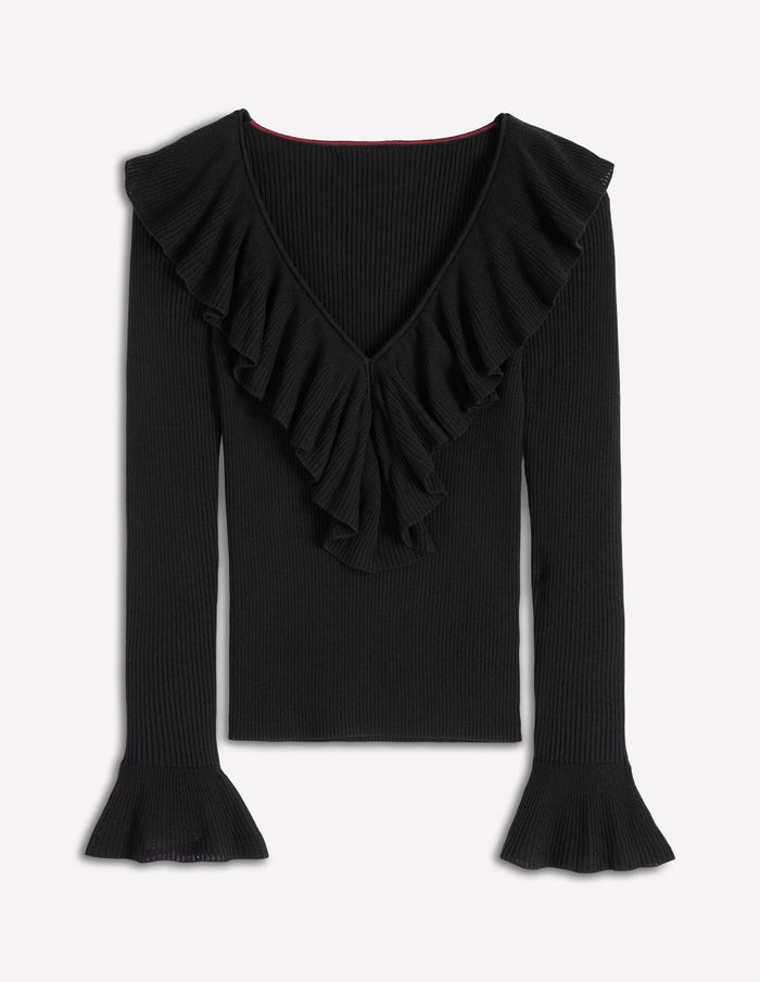 Ruffled Rib Henley Sweater Black