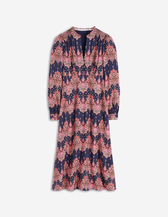 Cassie Smocked Tea Dress Navy, Embellished Paisley