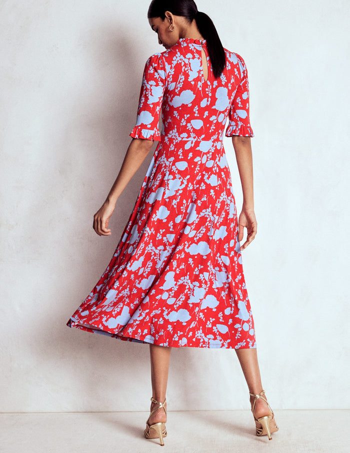 Ruffle Seamed Midi Dress Poppy Red, Dainty Sprigs