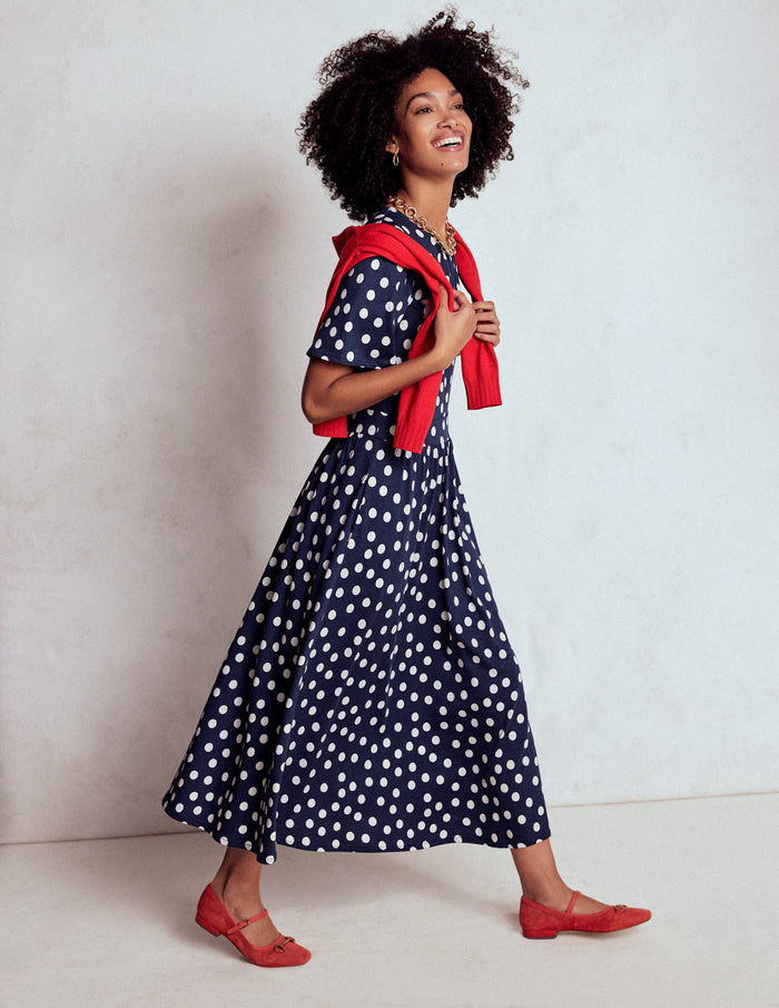 Louisa Jersey Midi Dress French Navy, Painted Dot