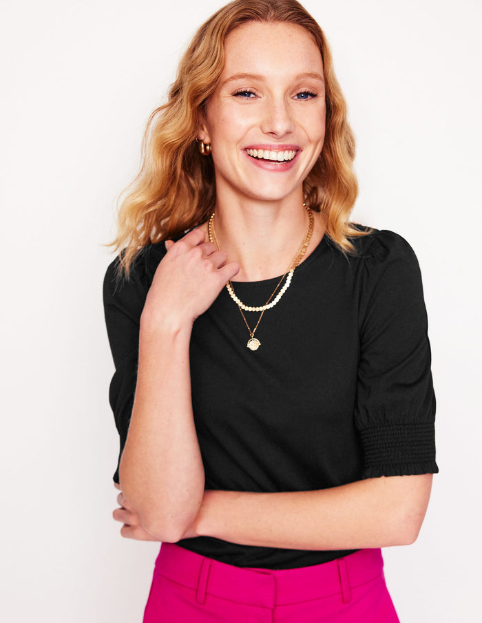 Short Sleeve Smocked Cuff Top Black
