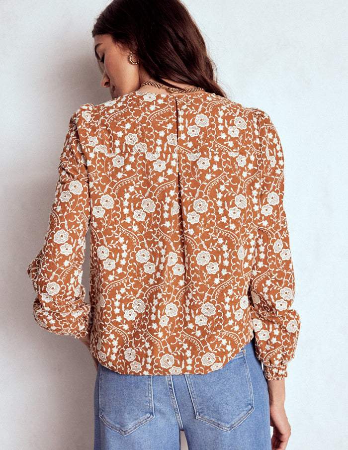 Embroidered Cotton Dobby Top Brown