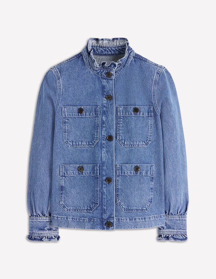 Denim Frill Collar Jacket Mid Wash