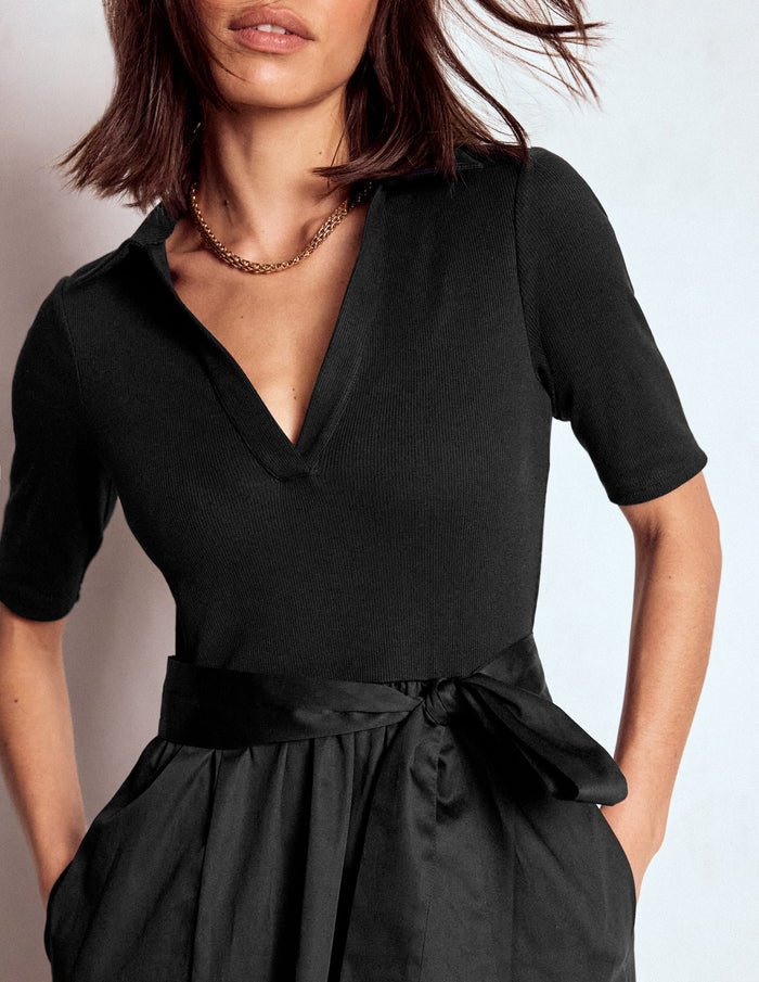 Collar Detail Mix Midi Dress Black