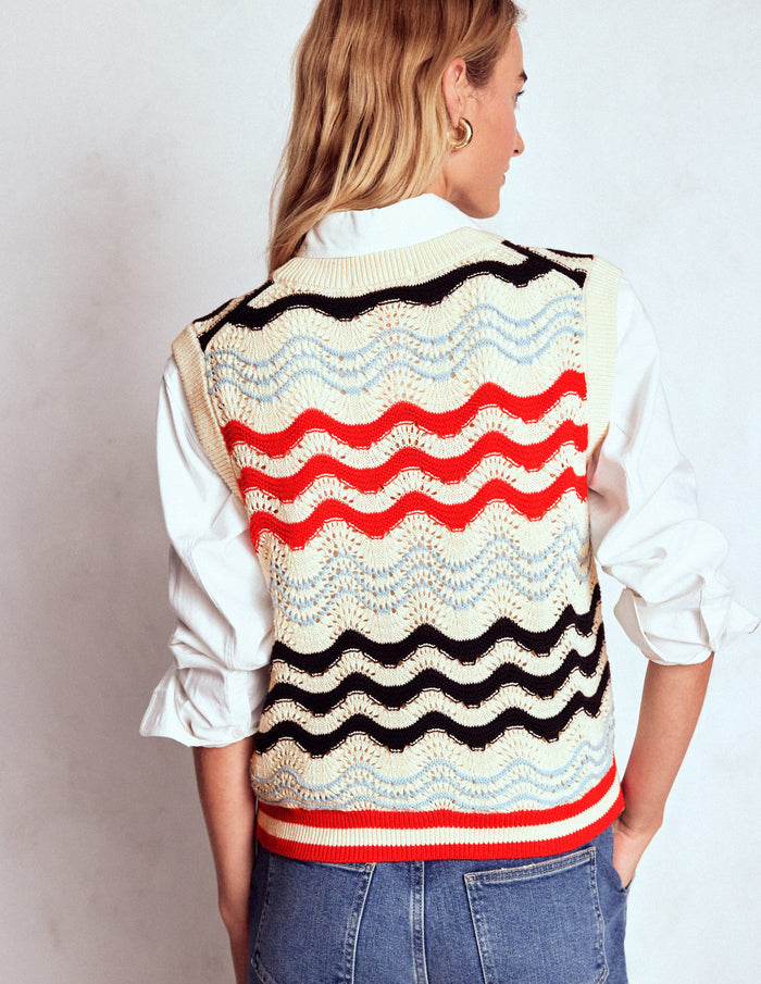 Cotton Wave Sweater Vest Navy/ Red Textured Wave