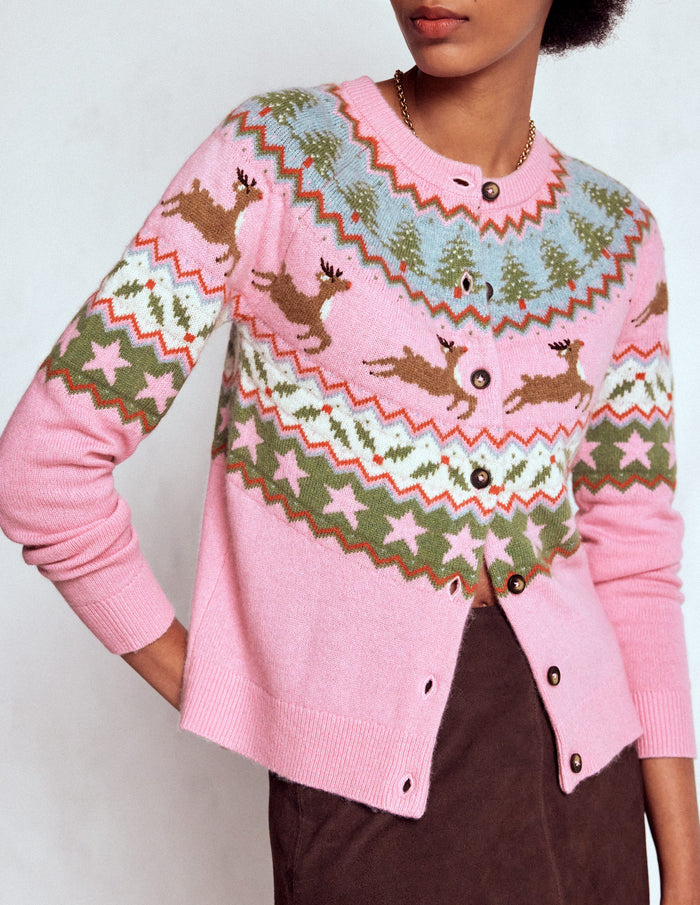 Edie Fair Isle Cardigan Pink, Reindeer