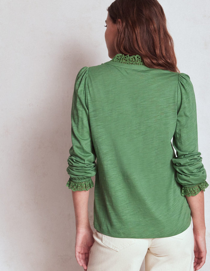 Aria Broderie Notch Neck Top Newt Green