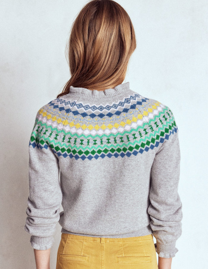 Fae Fair Isle Frilled Cardigan Grey Melange