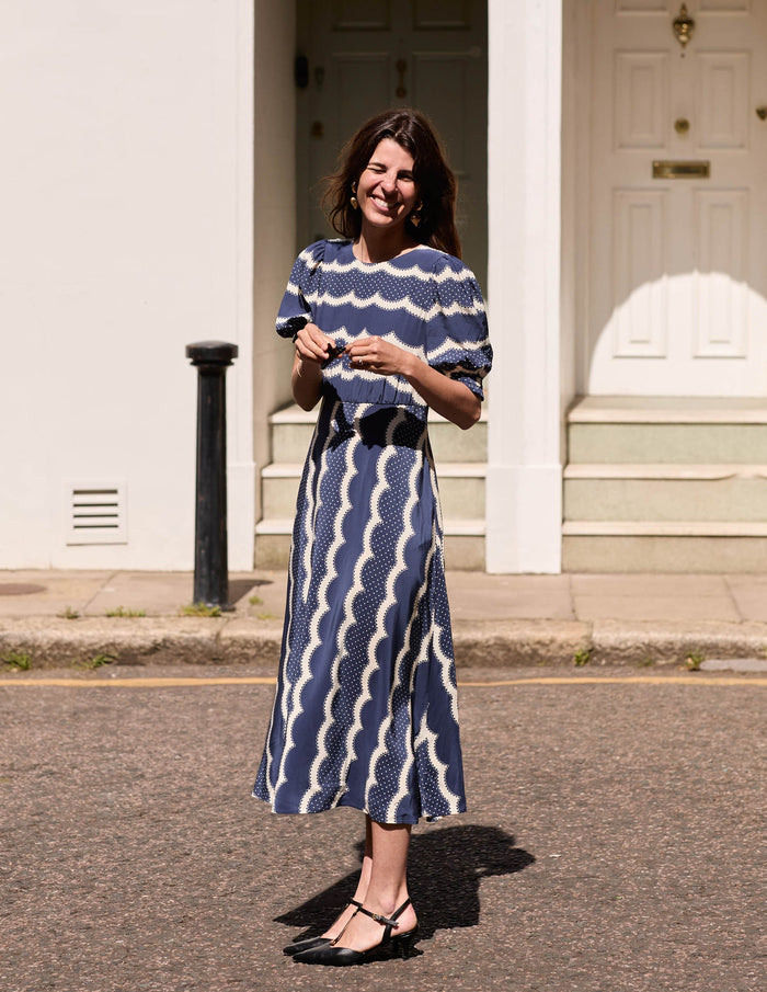Blanca Midi Tea Dress French Navy, Dainty Scallop