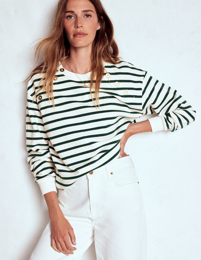Button Detail Sweatshirt Emerald Night, Ivory