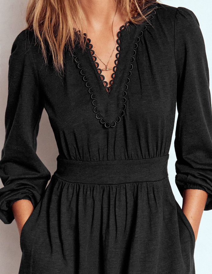 Maddie Picot Trim Midi Dress Black