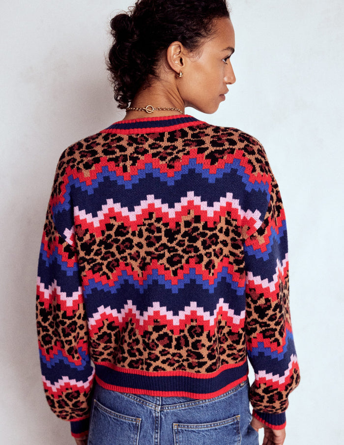 Abi Jacquard Cardigan Multi Fair Isle, Leopard