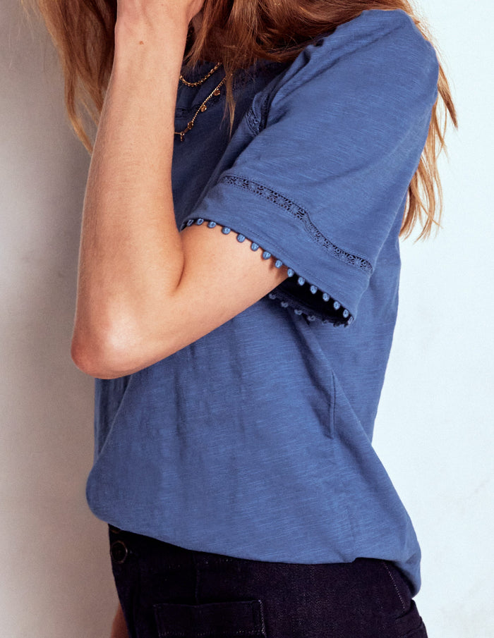 Mila Lace Trim Top Denim Blue