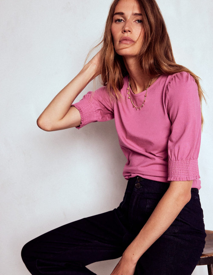 Short Sleeve Smocked Cuff Top Purple Damson