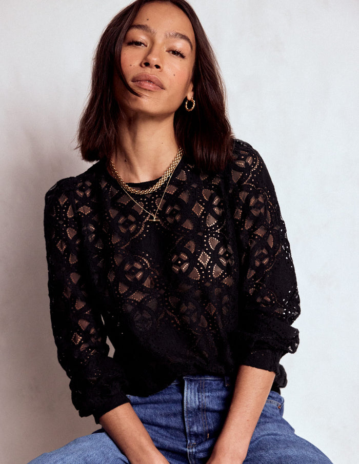 Lace Crew Neck Top Black
