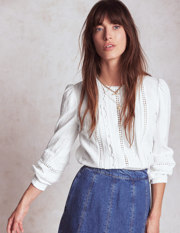 Trim Interest Double Cloth Top White