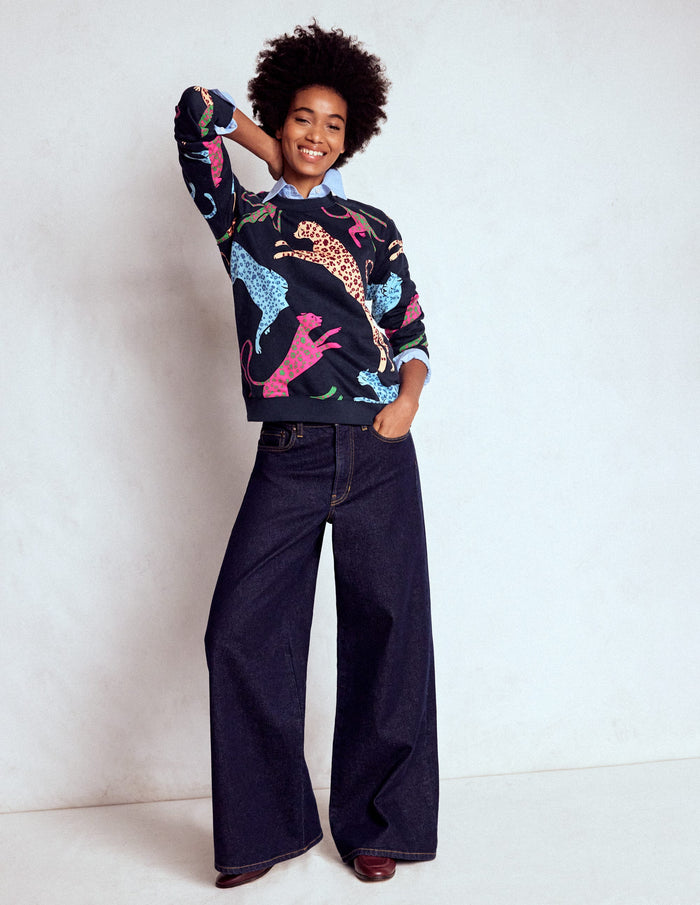 Rosa Printed Sweatshirt Navy, Leaping Leopard