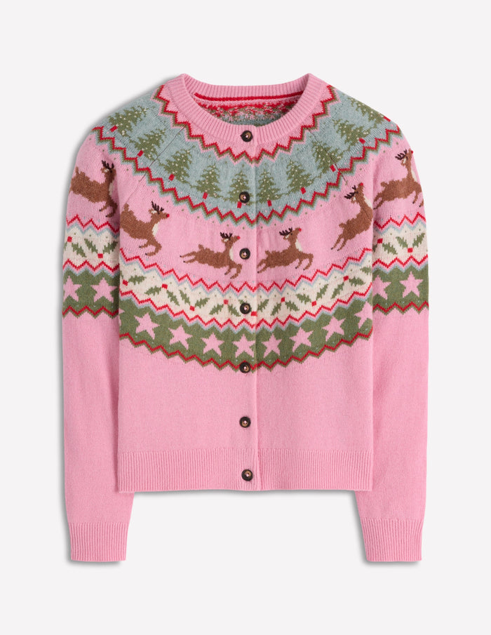 Edie Fair Isle Cardigan Pink, Reindeer