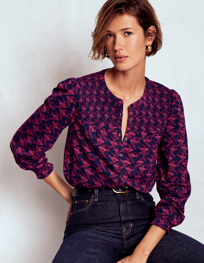 Elsa Smocked Yoke Jersey Shirt French Navy, Swooping Swallow