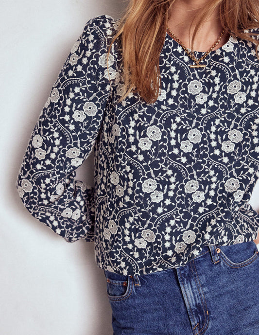 Embroidered Cotton Dobby Top Navy