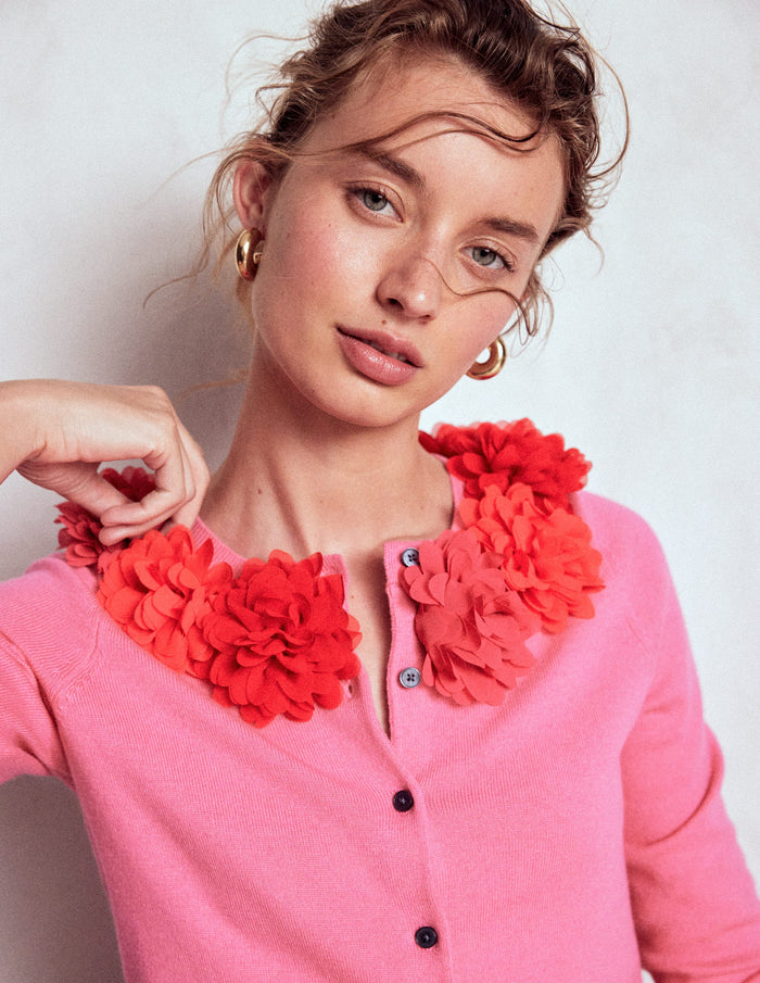 Crew Neck Cropped Cardigan Pink Ribbon