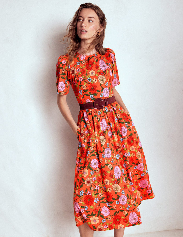 Louisa Jersey Midi Dress Firecracker Red, Dahlia Trail