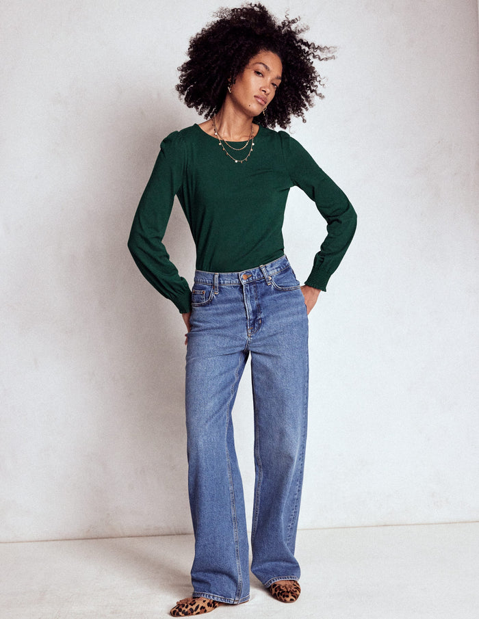 Smocked Cuff Supersoft Top Green Pine