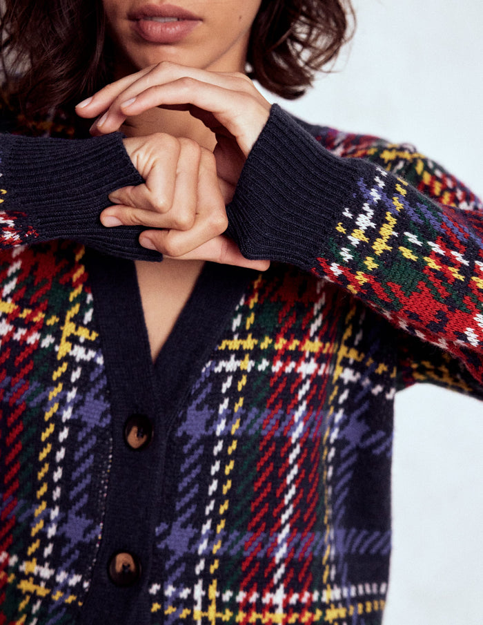 Quinn Boyfriend Cardigan Navy, Green and Red Check