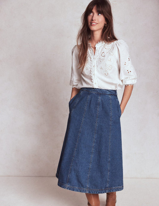 Joy Panelled Denim Skirt Mid Wash