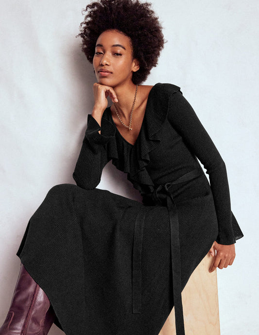 Ruffled Ribbed Dress Black