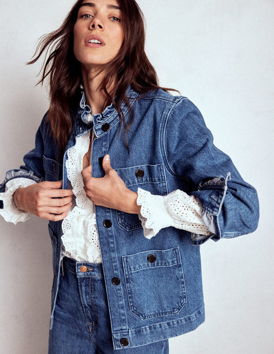 Denim Frill Collar Jacket Mid Wash