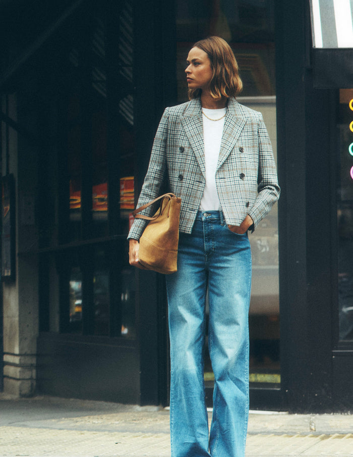 Boxy Double Breasted Blazer Blue, Grey Check