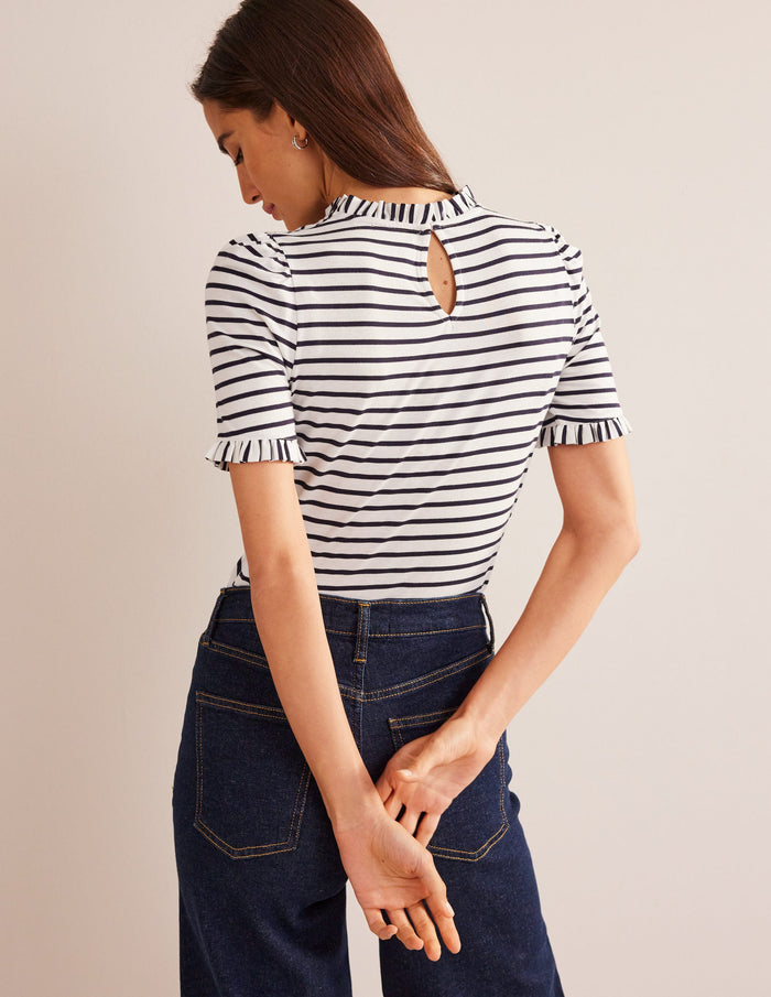 Supersoft Frill Detail T-shirt Ivory, Navy Stripe