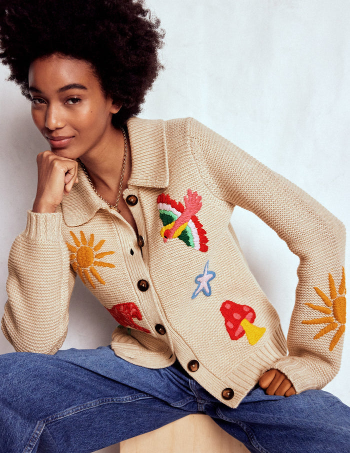 Embroidered Collared Cardigan Ecru Marl