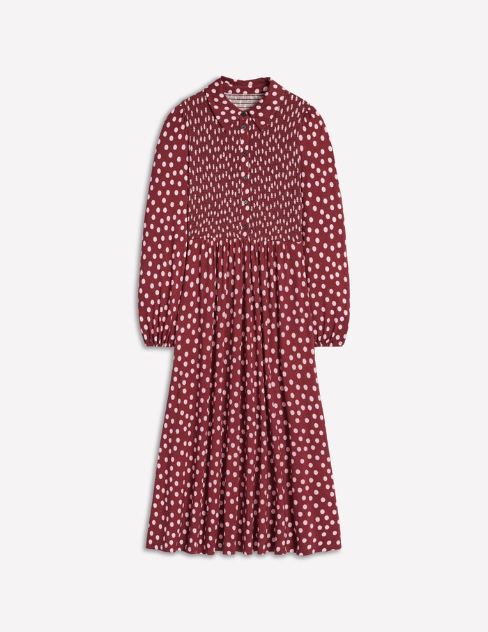 Smocked Jersey Shirt Dress Chestnut, Painted Dot
