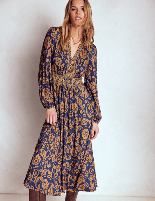 Lily Long Sleeve Midi Dress French Navy, Ornate Flora