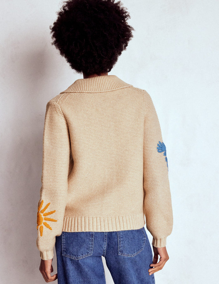 Embroidered Collared Cardigan Ecru Marl