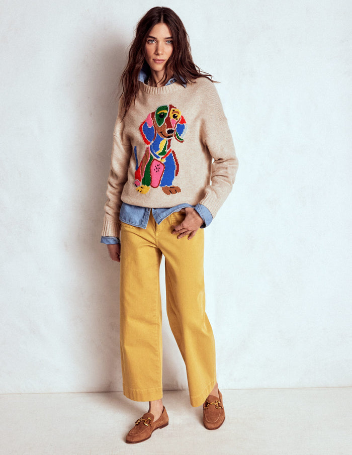 Natalie Embroidered Sweater Oatmeal Melange, Daschund