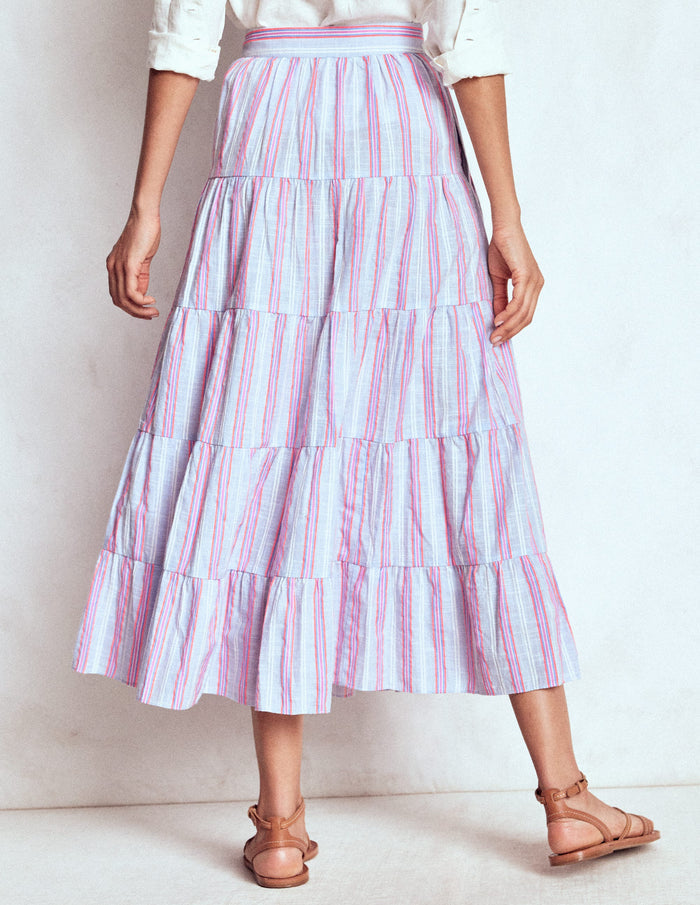 Tiered Poplin Midi Skirt Metallic Stripe