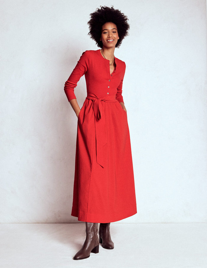Button Detail Mix Dress Crimson Red