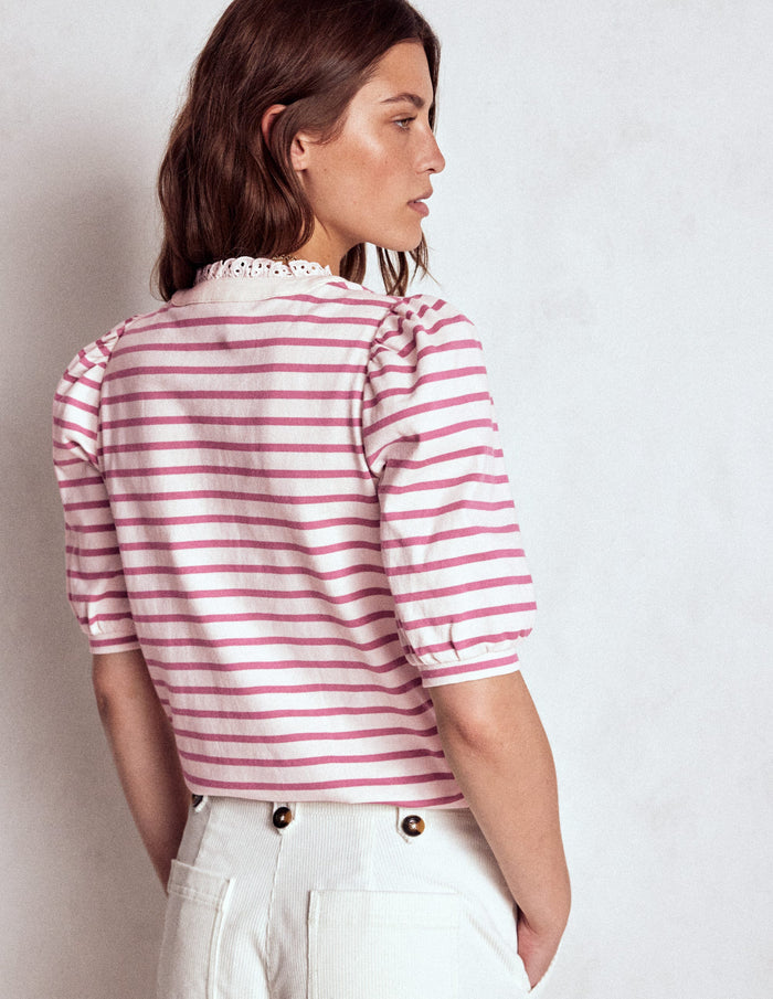 Puff Sleeve Henley Pink Heather, Ivory Stripe