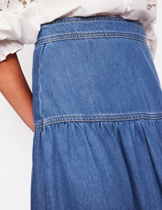 Yoke Detail Denim Midi Skirt Mid Vintage
