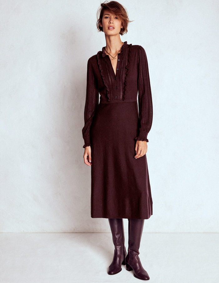 Winifred Frilled Knitted Dress Coffee Bean