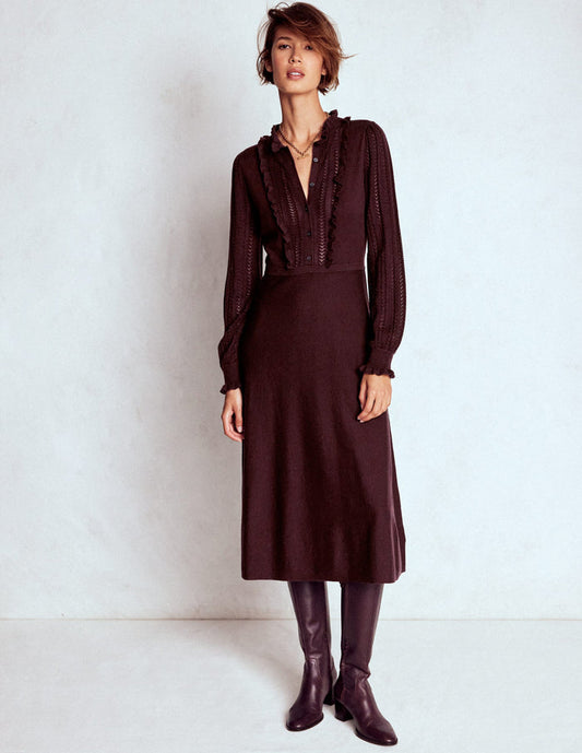 Winifred Frilled Knitted Dress Coffee Bean