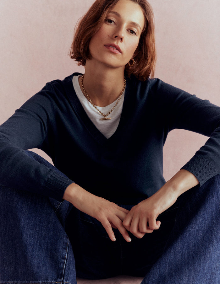Emilia Cotton V Neck Sweater Navy